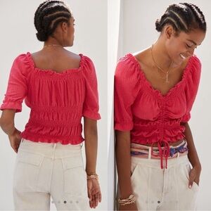 Anthropologie Pilcro Puff Sleeve Rose Pink Ruched Top